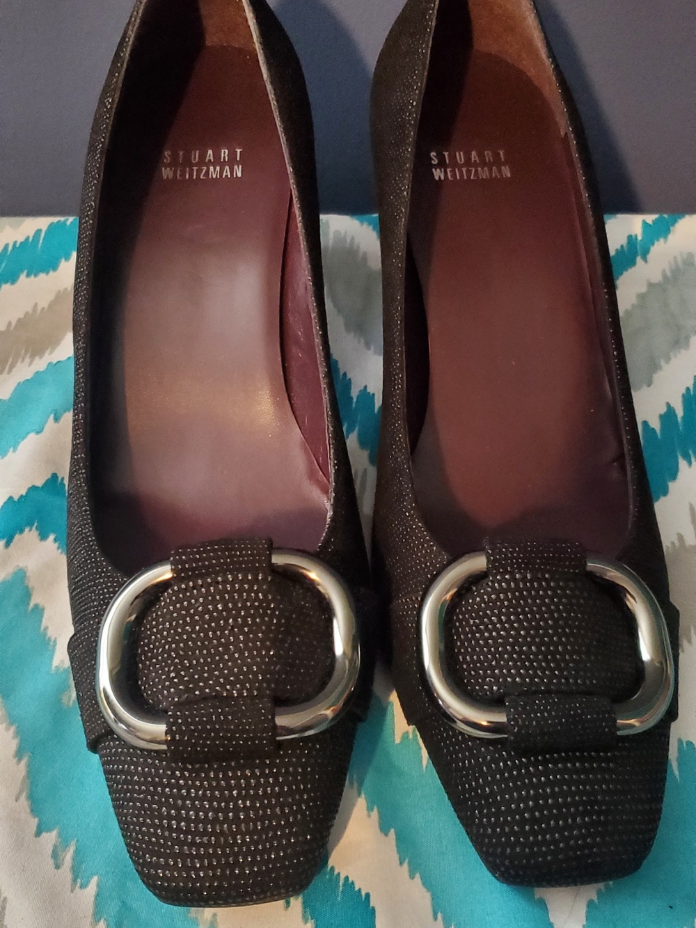 Stuart Weitzman Black Textured Flats with Silver Buckle